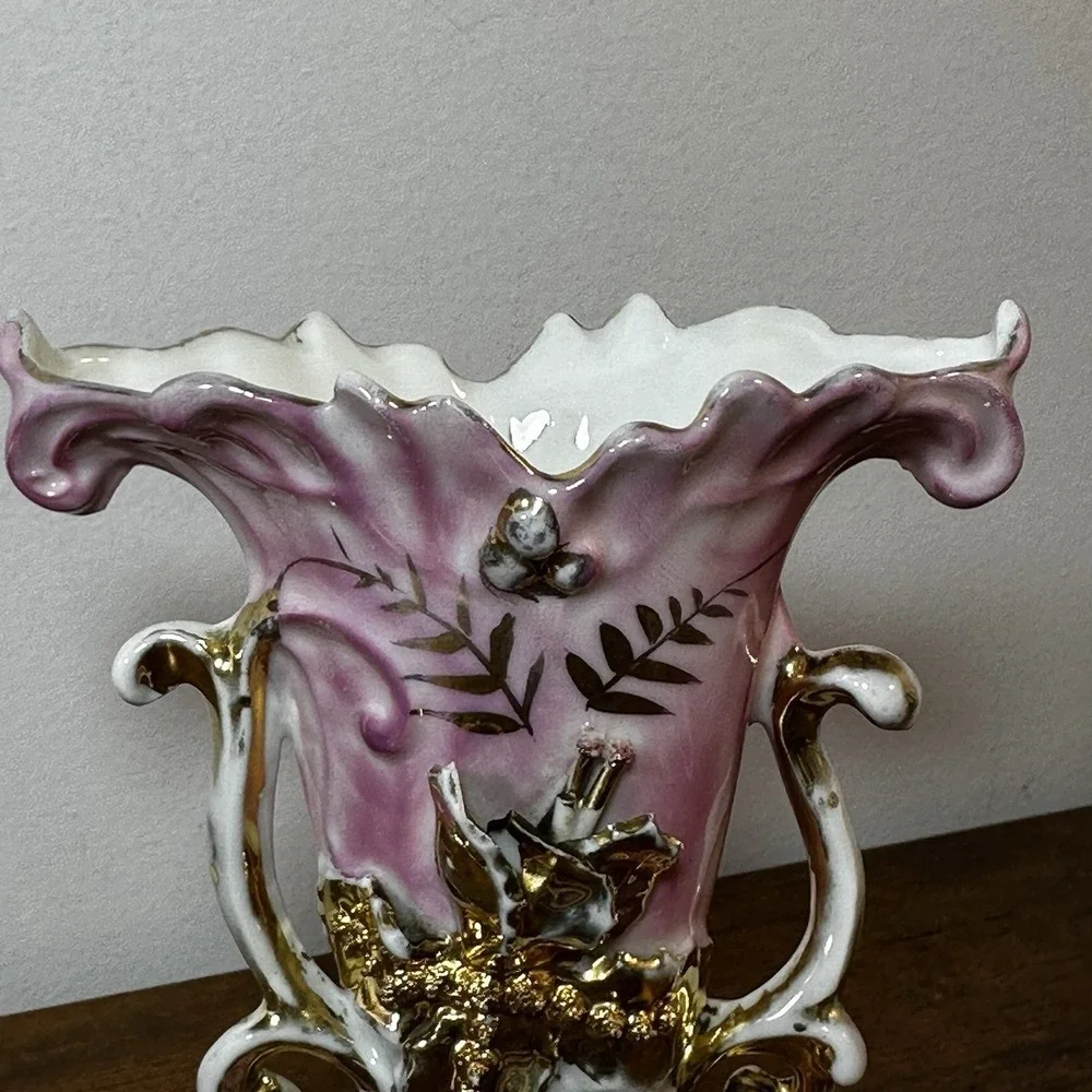 Victorian Porcelain Vase Pink & Gold Rococo Applied flower Cottagecore